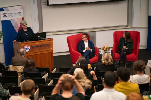 Kathleen Hall Jamieson introduces Chris Hayes and Kate Shaw at the Annenberg Lecture.