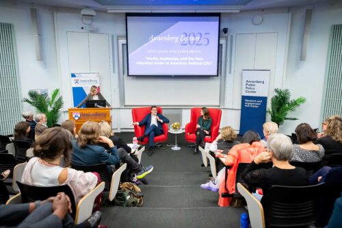 Dean Sarah Banet-Weiser of the Annenberg School for Communication with Chris Hayes and Kate Shaw.