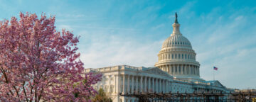 Picture of the US Capitol building behind a blooming cherry blossom tree. For release on Americans' civics knowledge.