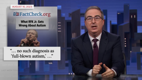 Screenshot of a "Last Week Tonight" clip in which Jamie Oliver cites FactCheck to debunk Robert F. Kennedy's misleading claims about autism.